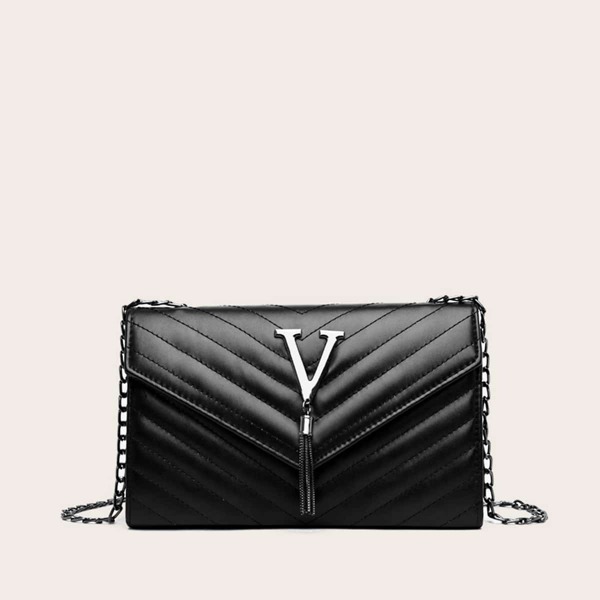 

Tassel Decor Chevron Chain Bag, Black