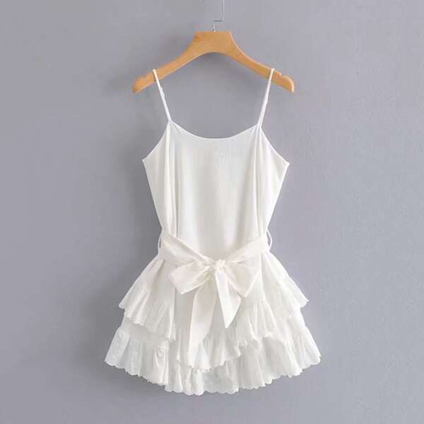 

Ruffle Hem Belted Cami Dress, White