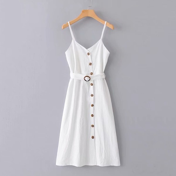 

Button Front Belted Cami Dress, White