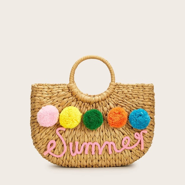 

Color-block Pom Pom Decor Satchel Bag, Khaki