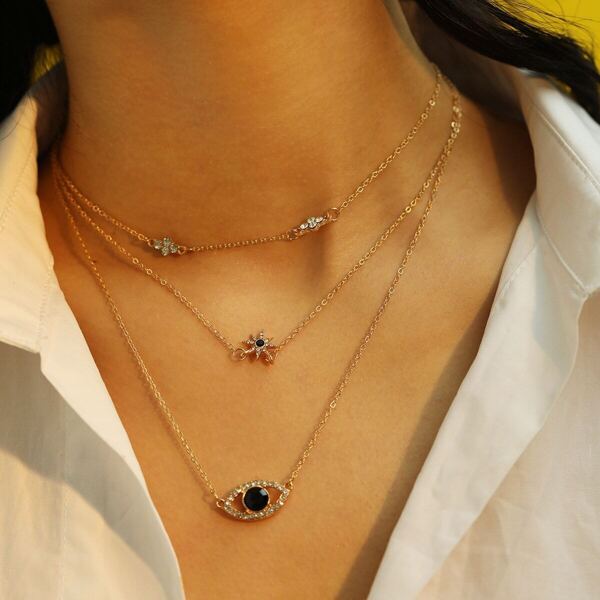 

Rhinestone Decor Eye Charm Multi Layered Necklace 1pc, Gold