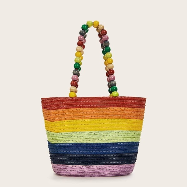 

Color-block Beaded Strap Tote Bag
