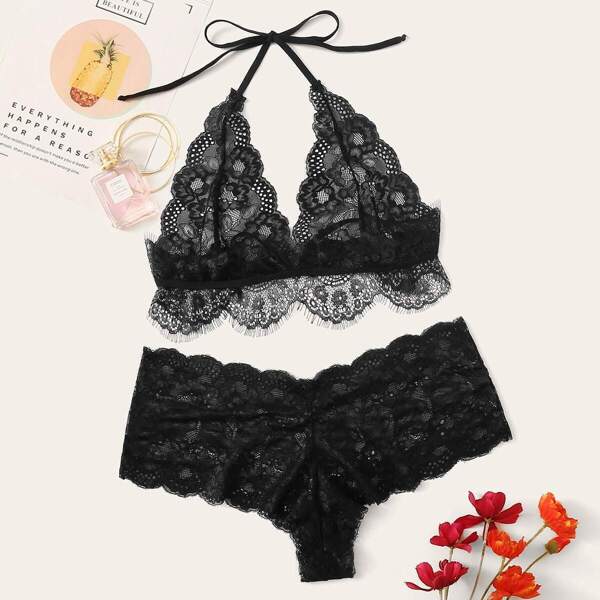 

Plus Eyelash Floral Lace Lingerie Set
