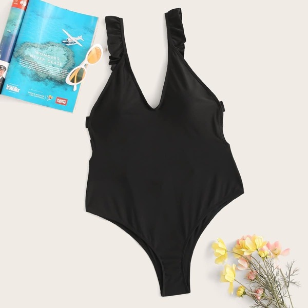 

Plus Cut-out Frill Trim One Piece Swimwear, Black