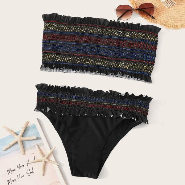 

Plus Smocked Frill Trim Bikini Set
