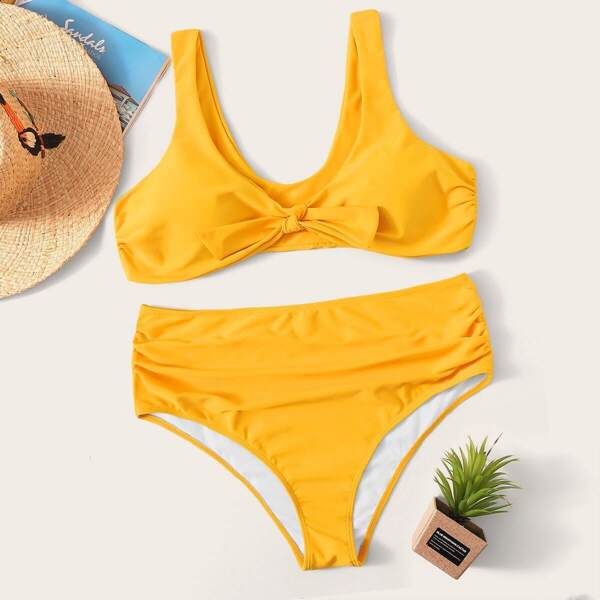

Plus Knot Front Top With High Waist Bikini, Yellow