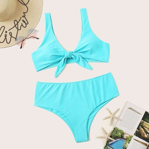 

Plus Knot Front Top With High Waist Bikini, Blue bright