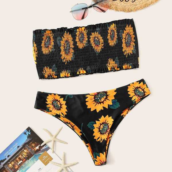 

Plus Lettuce Trim Sunflower Print Smocked Bikini Set, Multicolor