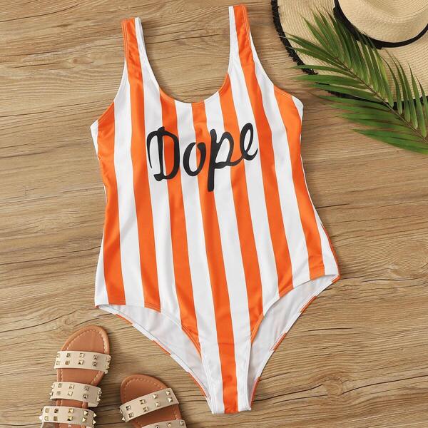 

Plus Striped & Letter Print One Piece Swimwear