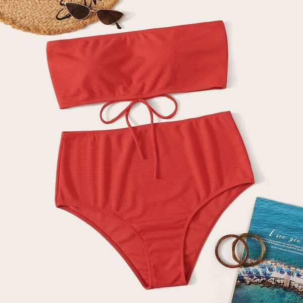 Plus Lace-up Bandeau Top With High Waist Bikini, Red