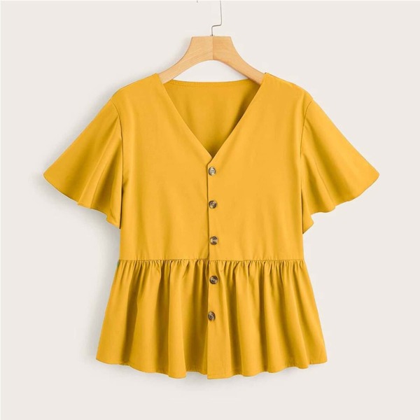 

Plus Button Front Ruffle Hem Blouse, Yellow