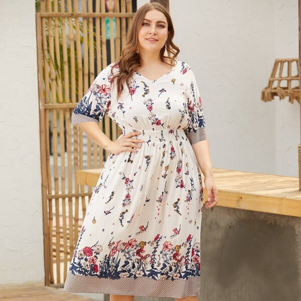 

Plus Floral Print Shirred Dress, White