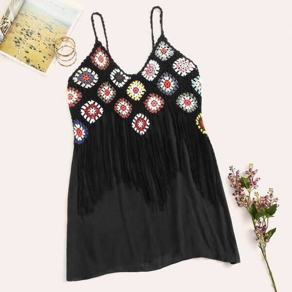 

Plus Crochet Fringe Cami Dress, Black