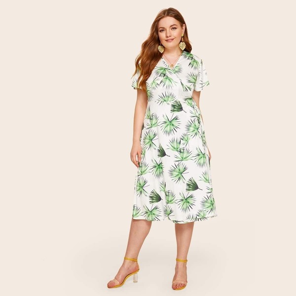 

Plus Tropical Print Wrap Tie Side Dress