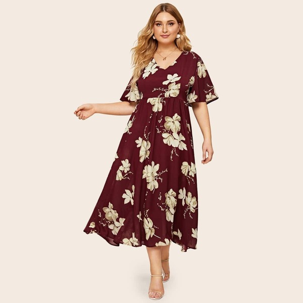 

Plus Floral Print Dress, Burgundy