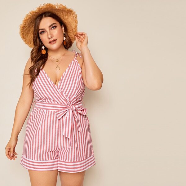 

Plus Surplice Front Striped Cami Romper, Red