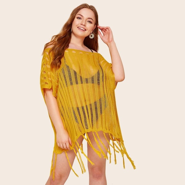 

Plus Off Shoulder Sheer Fringe Cover Up
