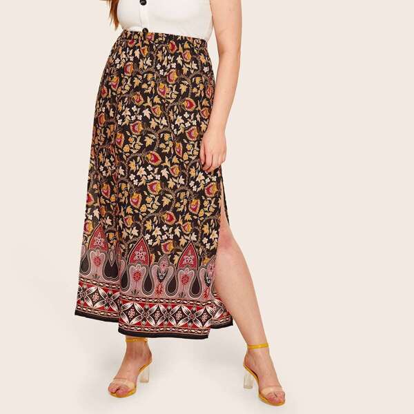 

Plus Tribal Print Split Side Skirt