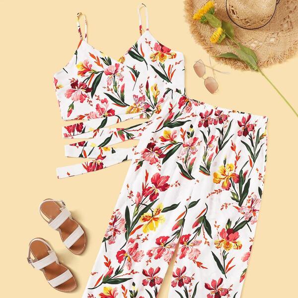 

Plus Criss Cross Floral Print Cami Top With Pants