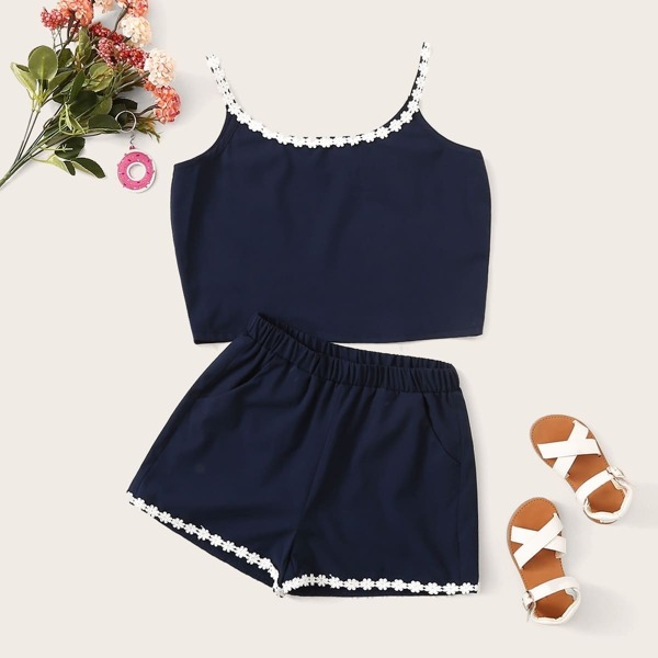 

Girls Floral Lace Trim Cami Top & Shorts Set, Navy
