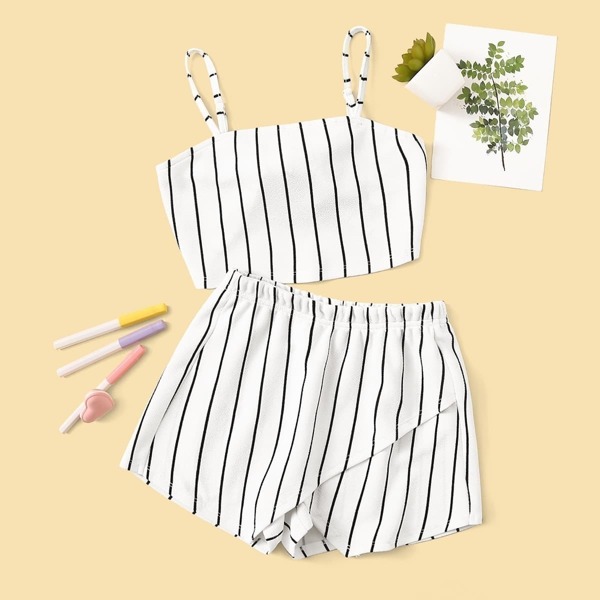 

Girls Knot Back Striped Crop Cami Top & Shorts Set