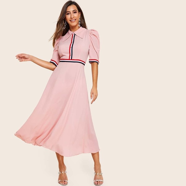

Striped Tape Detail Half Placket Swing Dress, Pink