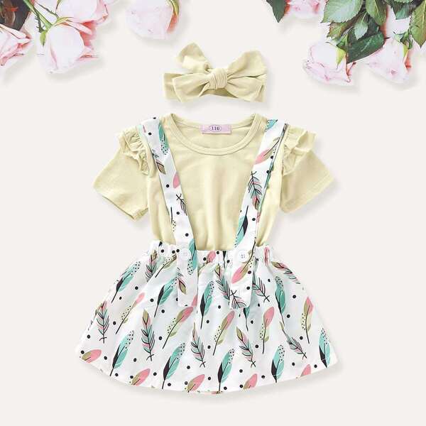 

Toddler Girls Frill Tee & Feather Print Pinafore Skirt & Headband, Multicolor