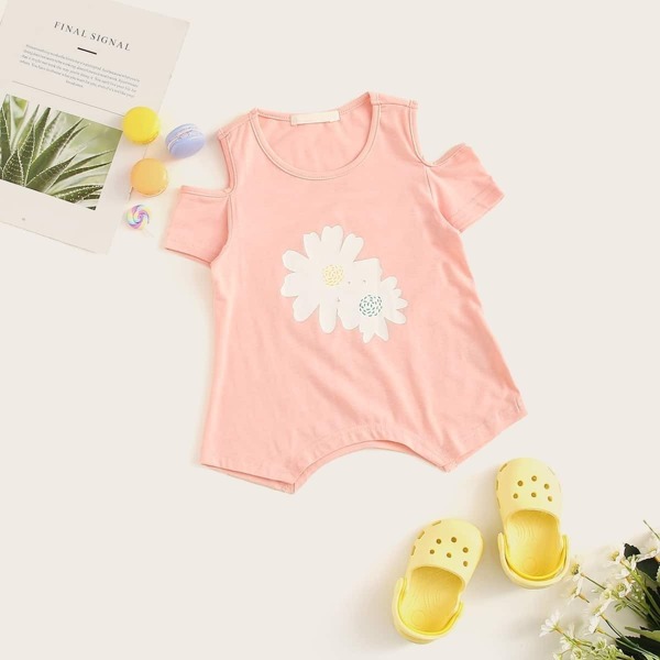 

Toddler Girls Flower Print Cold Shoulder Tee, Pink pastel