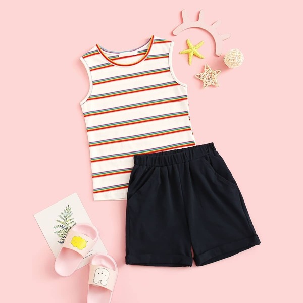 

Toddler Girls Rainbow Striped Tank Top and Shorts Set, Multicolor