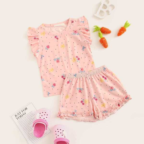 

Toddler Girls Flower Ruffle Trim Top & Shorts Set, Pink