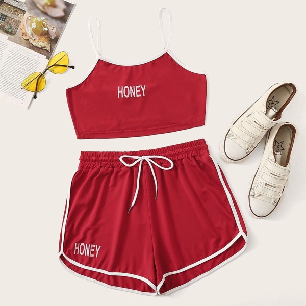 

Letter Cami & Dolphin Hem Track Shorts Set, Red