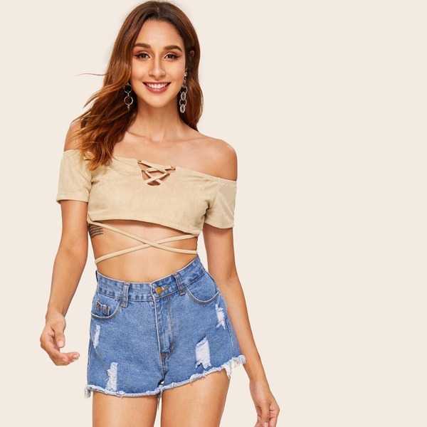 

Off Shoulder Criss-cross Lace Up Suede Top, Beige