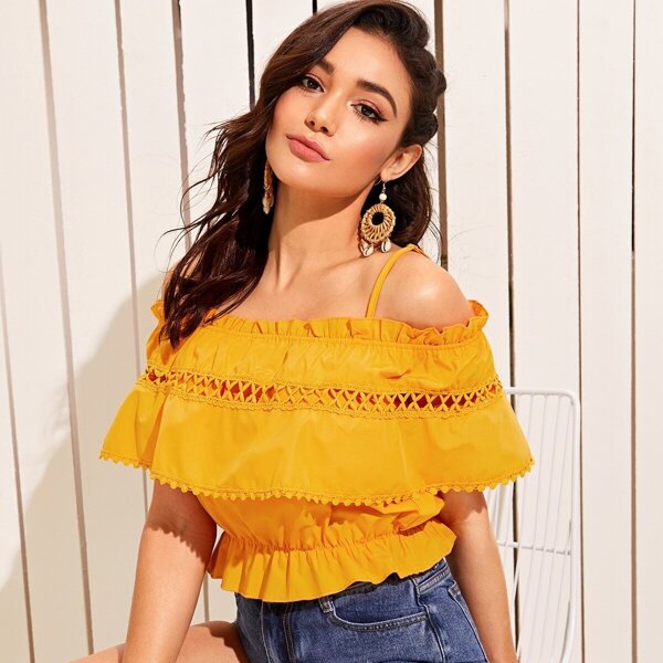 

Cold Shoulder Lace Insert Flounce Top, Yellow