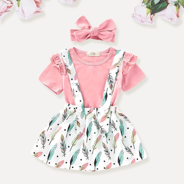 

Toddler Girls Frill Top & Feather Print Straps Skirt & Headband