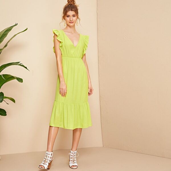 

Neon Lime Knot Backless Ruffle Cuff & Hem Dress