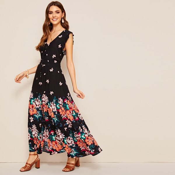 

Ruffle Trim Button Front Floral Print Maxi Dress