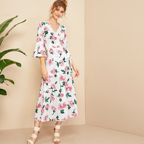 

Floral Print Flounce Sleeve Self Tie Wrap Dress