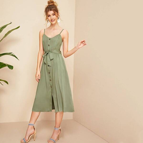 

Self Belted Button Up Tea Cami Dress