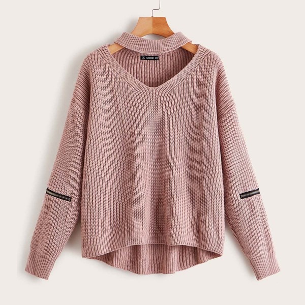 

Choker Neck Zip Detail Sweater, Pink