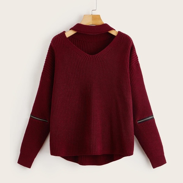

Zipper Detail Sleeve V Cut Choker Neck Sweater, Burgundy