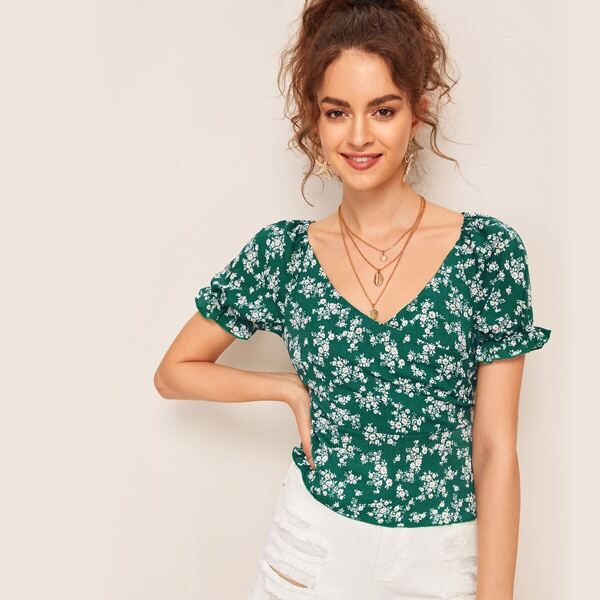 

Ditsy Floral Print Surplice Front Blouse