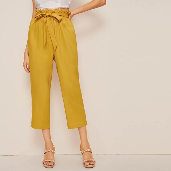 

Solid Paperbag Waist Crop Pants