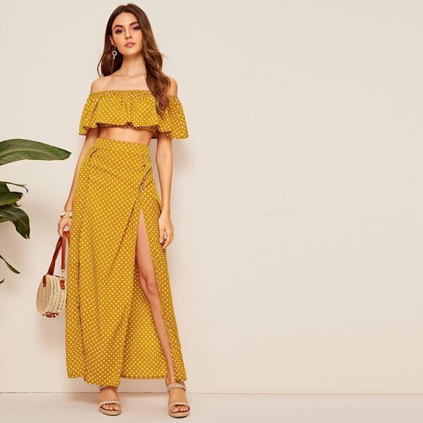 

Polka-dot Bardot Ruffle Trim Top & Split Thigh Skirt Set