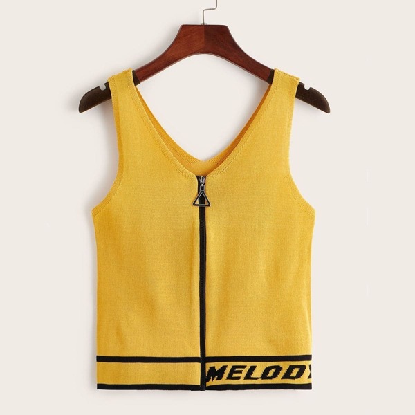 

Zipper Front Letter & Striped Print Knit Tank Top