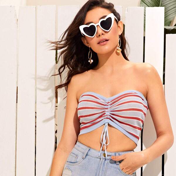 

Drawstring Front Striped Bandeau Top