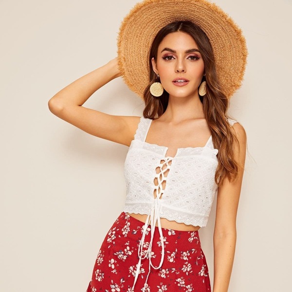 

Lace Up Front Schiffy Crop Top, White