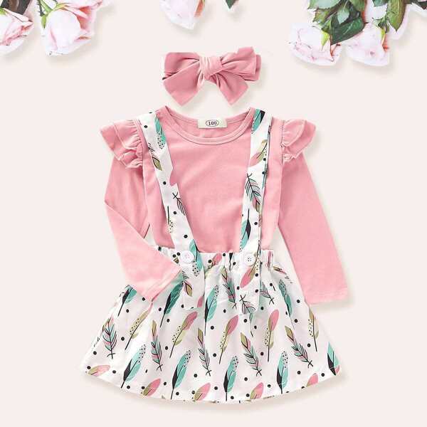 

Toddler Girls Frill Tee & Feather Print Pinafore & Headband