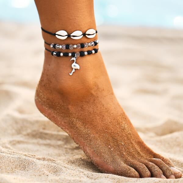 

Flamingo & Shell Decor Bead Detail Anklet 3pcs, Multicolor