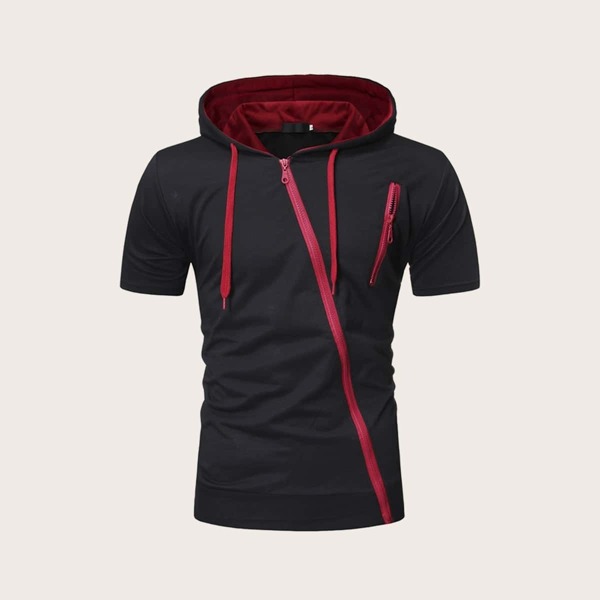

Men Oblique Zipper Drawstring Hooded Tee