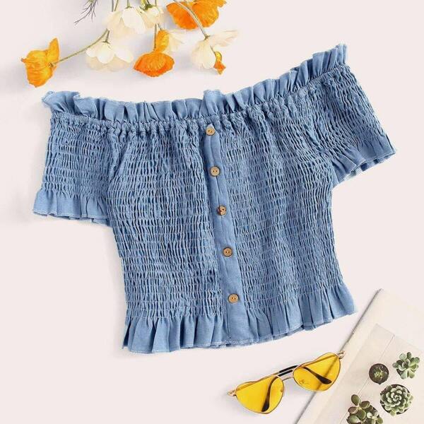 

Plus Button Front Shirred Denim Blouse, Blue